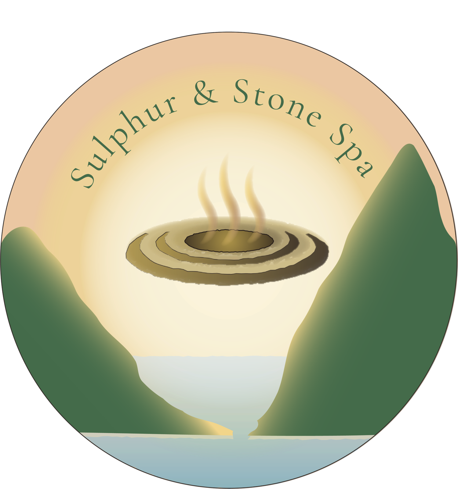 Sulphur & Stone Spa logo featuring a hot spring pool between green mountains with steam rising, set in a circular design.