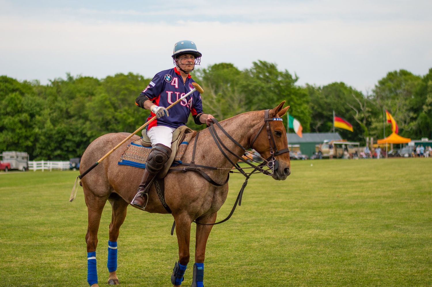 Polo player in USA jersey sitting on a brown horse on a green field.