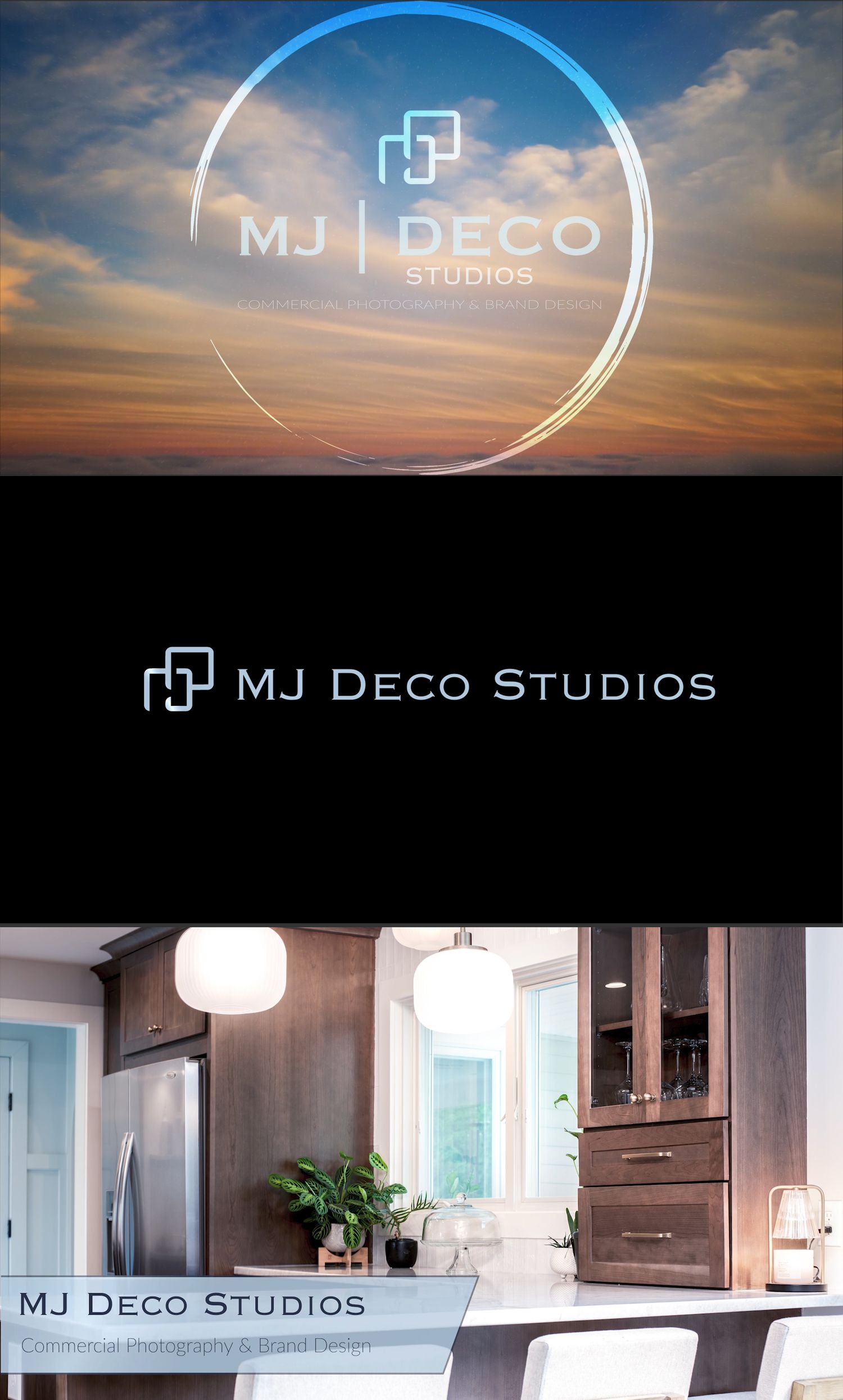 MJ Deco Studios logo design showcasing brand identity with interior design photography and elegant typography on dark background.