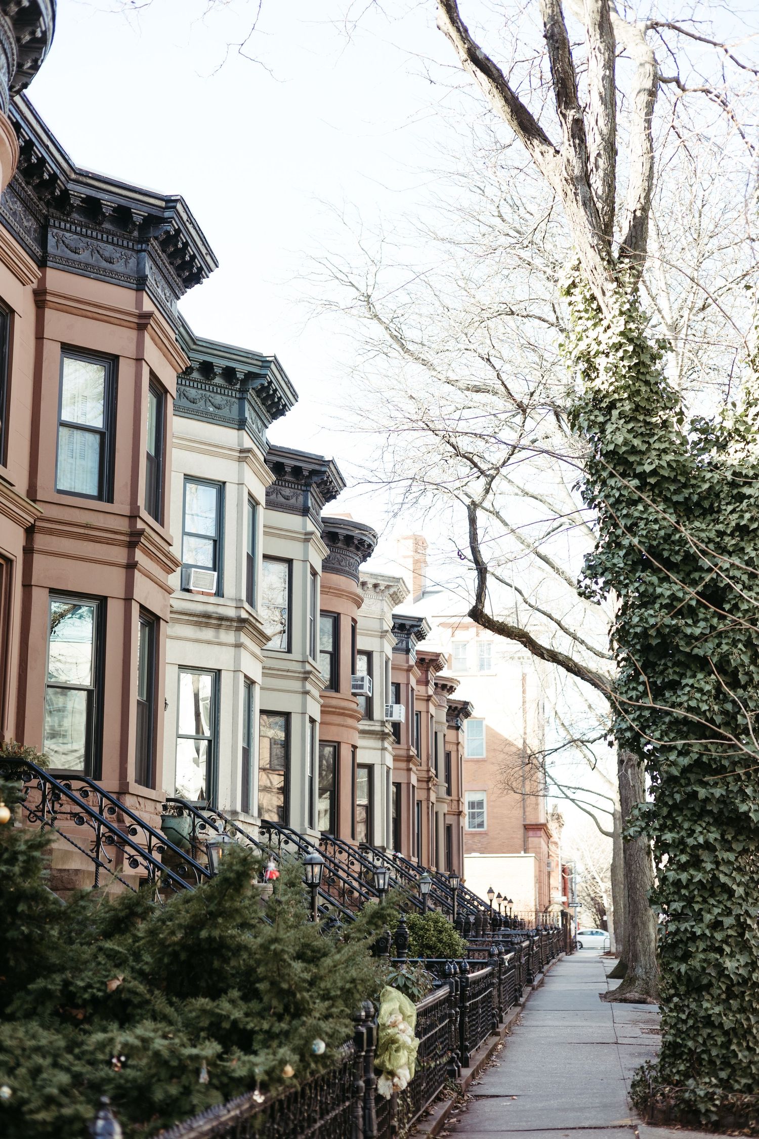 Row of historic brownstone townhouses with ornate facades and stoops line a tree-lined street in an urban neighborhood.