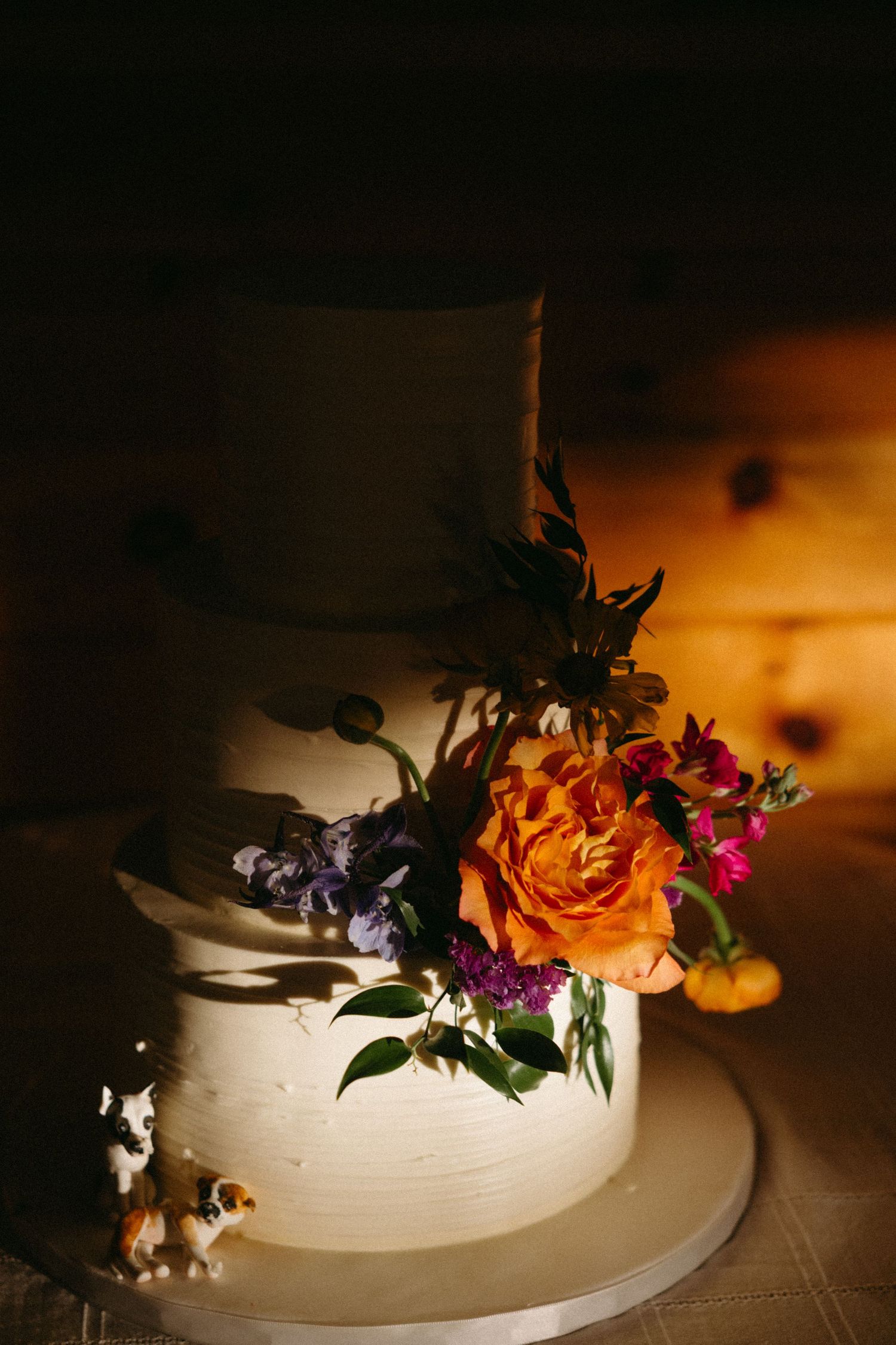A white wedding cake decorated with fresh orange, purple and pink flowers captured in dramatic lighting.