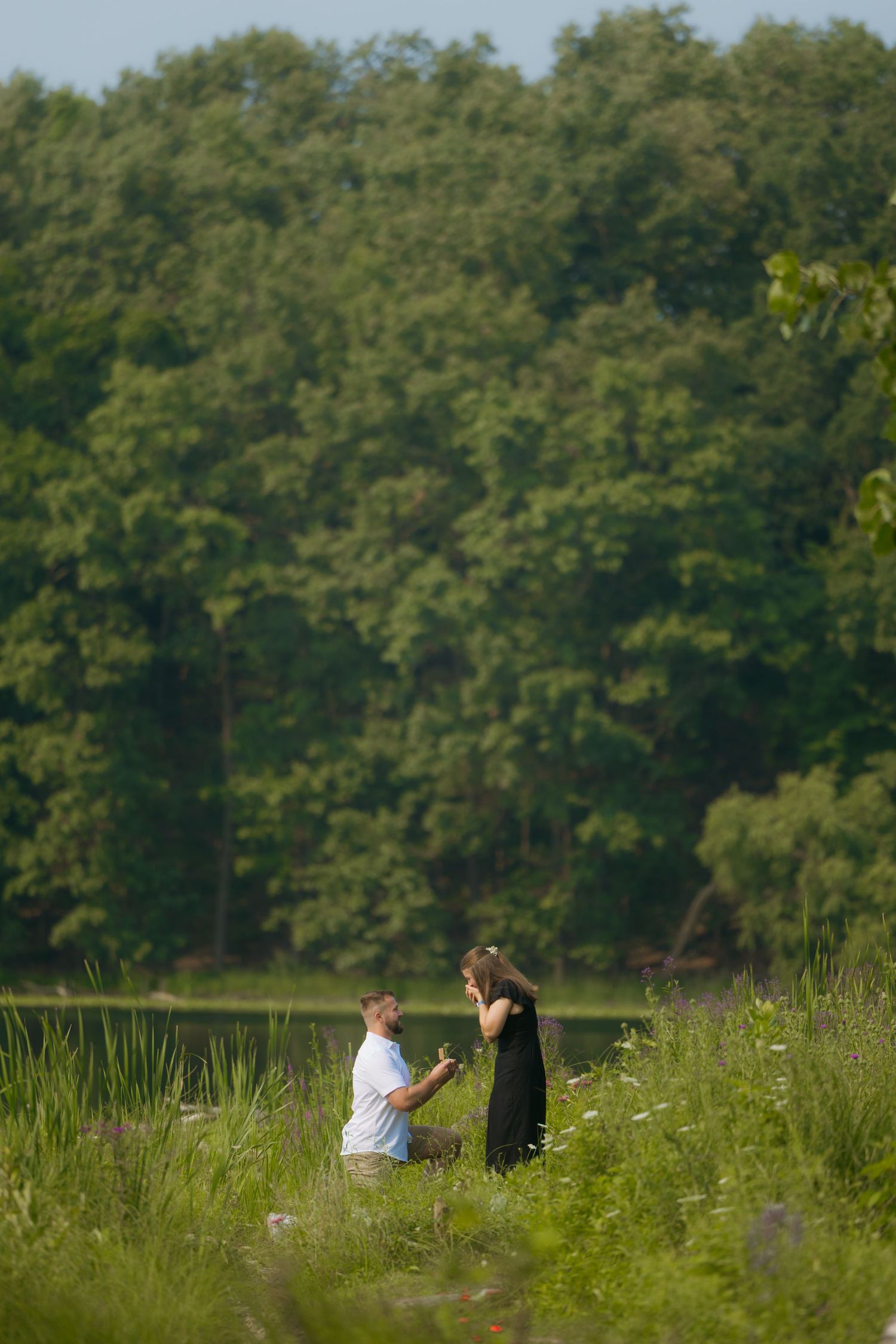 Two people sit together by a tranquil lake surrounded by lush green trees and wildflowers on a summer day.