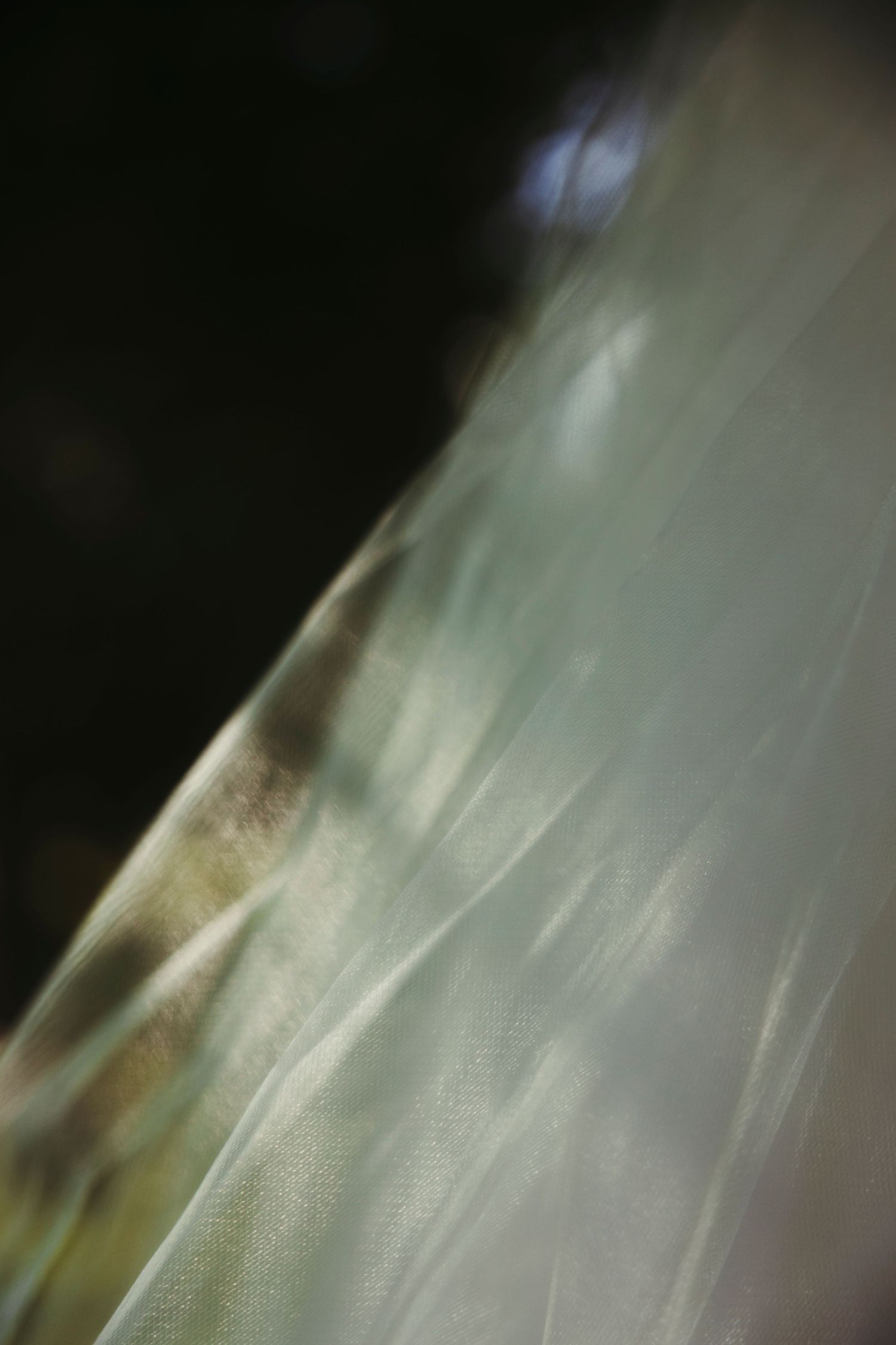 Abstract blurred image showing soft diagonal lines in muted green and beige tones against a dark background.