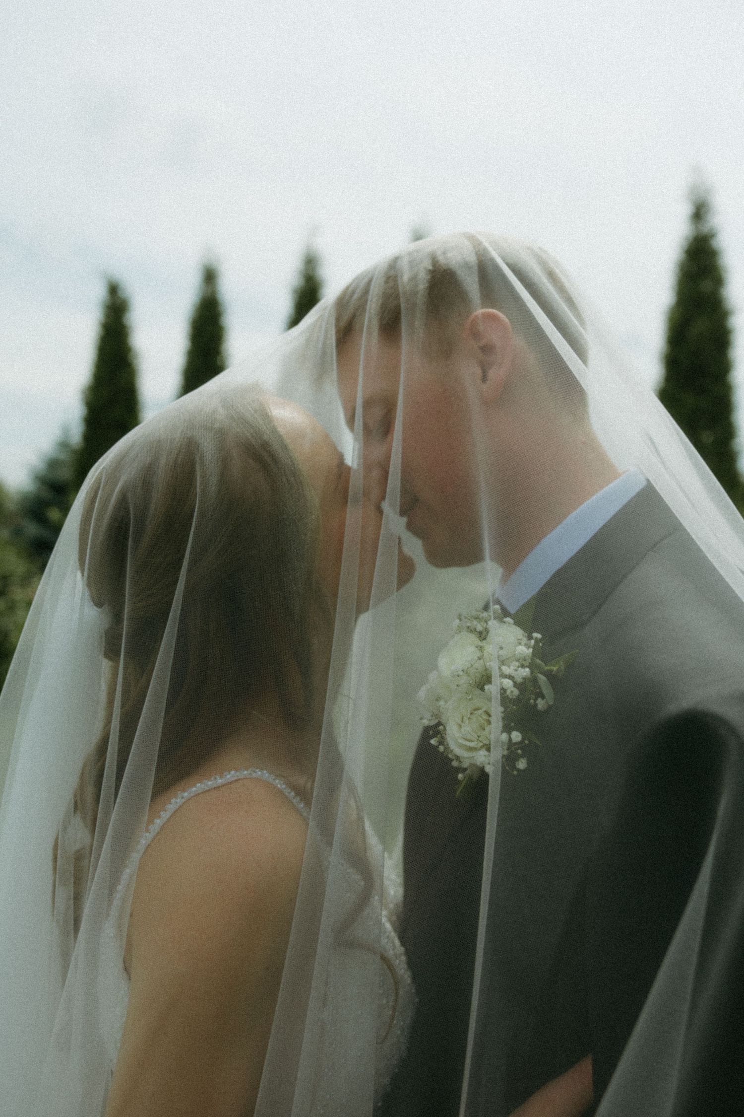 Bride and groom sharing a romantic kiss under a wedding veil outdoors, with cypress trees in the background.