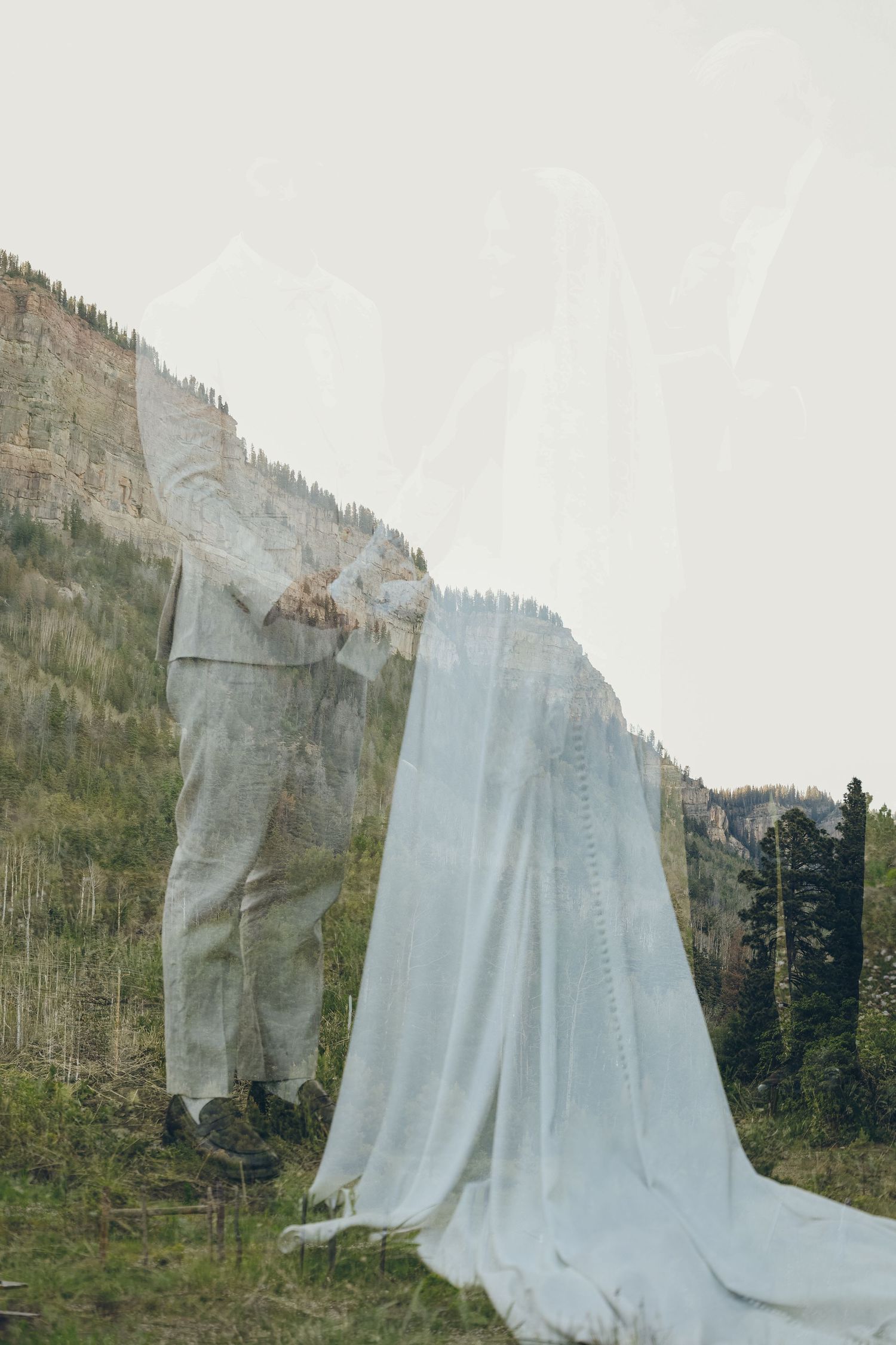 Double exposure wedding photo of couple holding hands in mountain landscape with pine trees and dramatic cliffs.