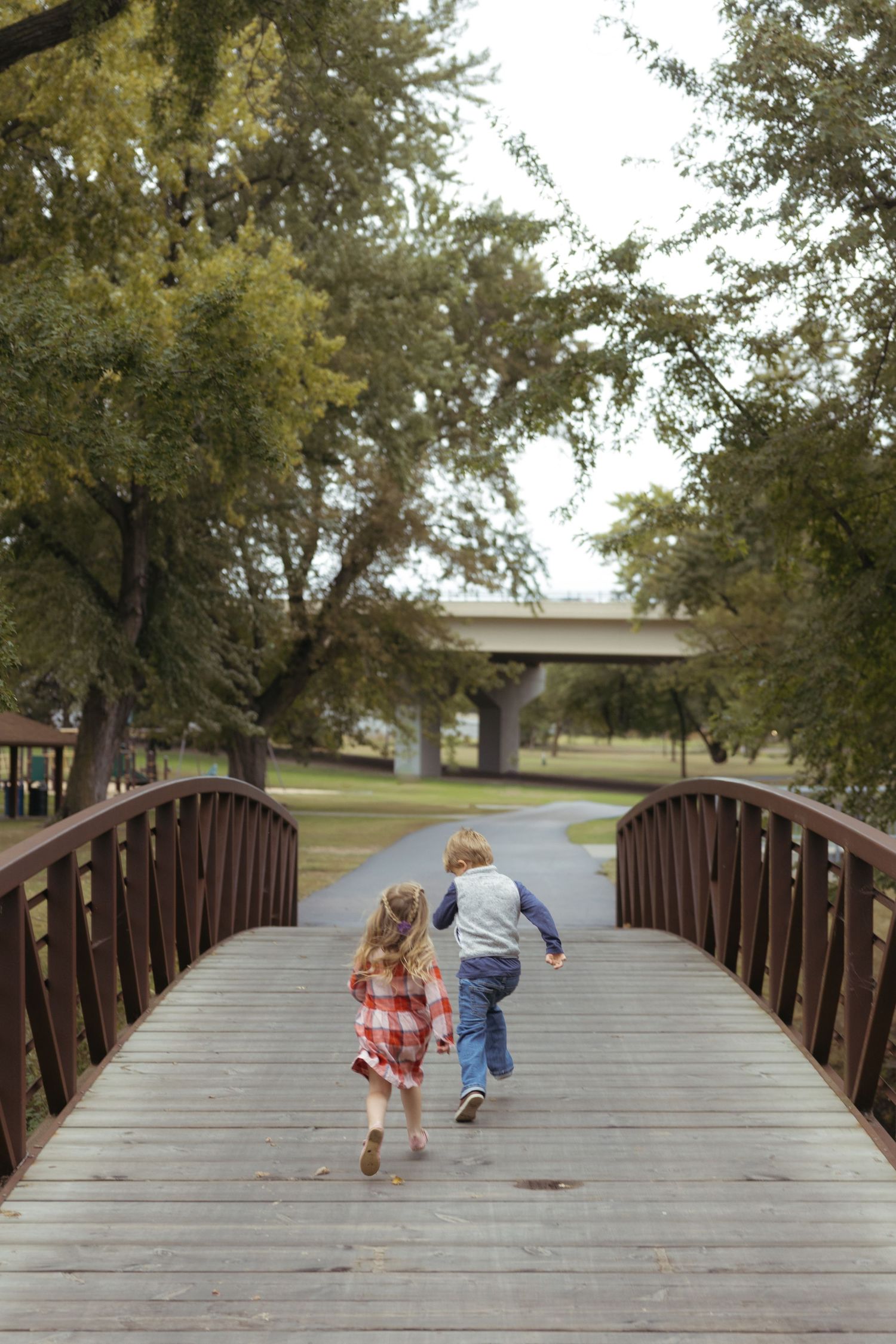 Children play and crawl across a wooden footbridge surrounded by green trees on a sunny day.