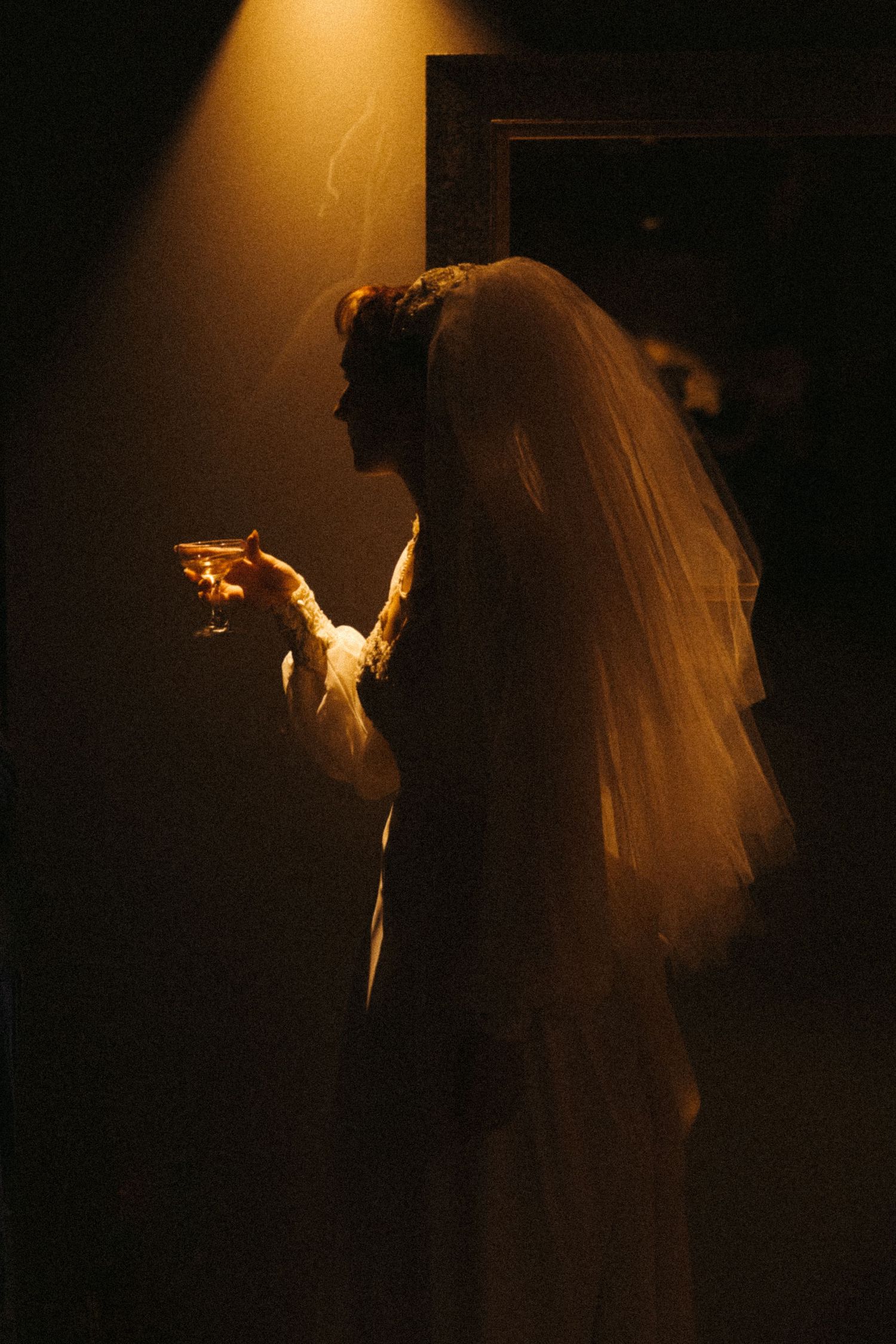 Dramatic silhouette of a bride in a flowing veil against warm amber lighting creates an ethereal wedding portrait.