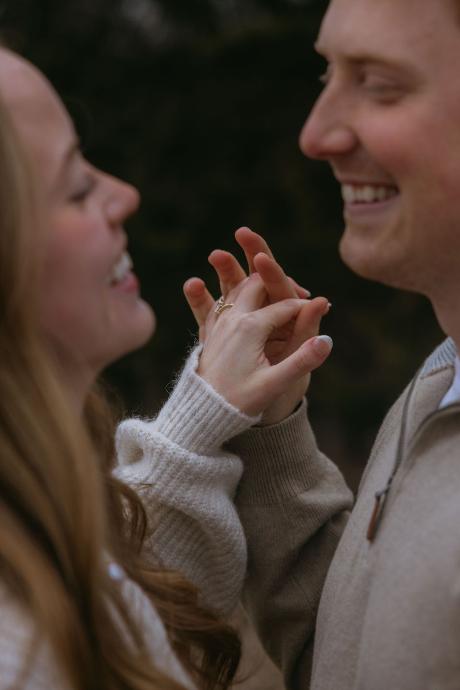 A romantic engagement moment captured in a series of candid photos showing a couple in cozy winter attire.