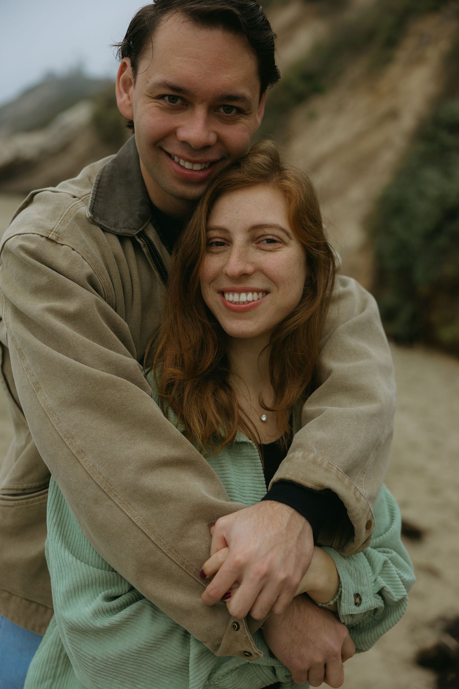 A couple embraces and shares joyful moments together in a series of candid outdoor photos.