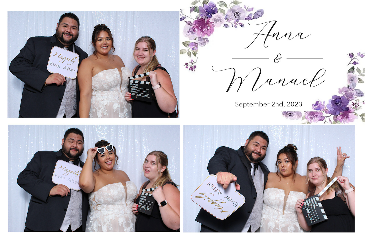 Wedding celebration collage showing various candid moments of dancing, embracing, and posing at a purple-themed reception.