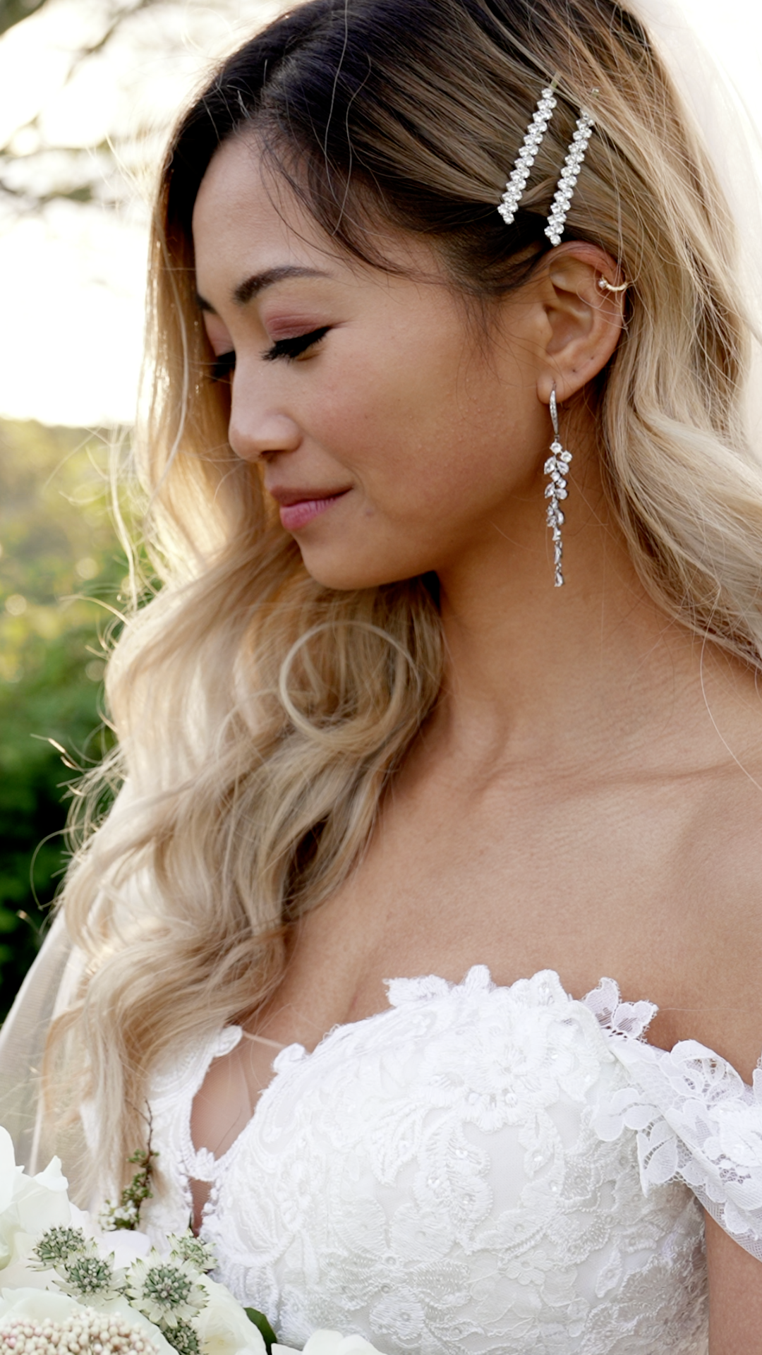 A series of close-up bridal portraits showing a white lace off-shoulder wedding dress and delicate hair accessories.