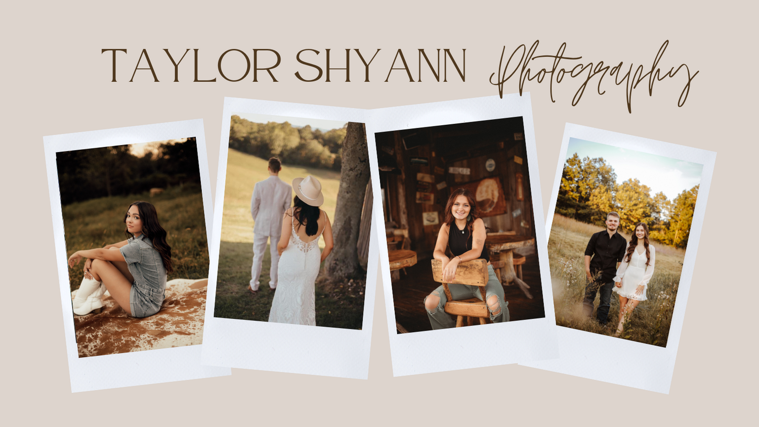 Photography business logo and branding banner with portfolio preview images.