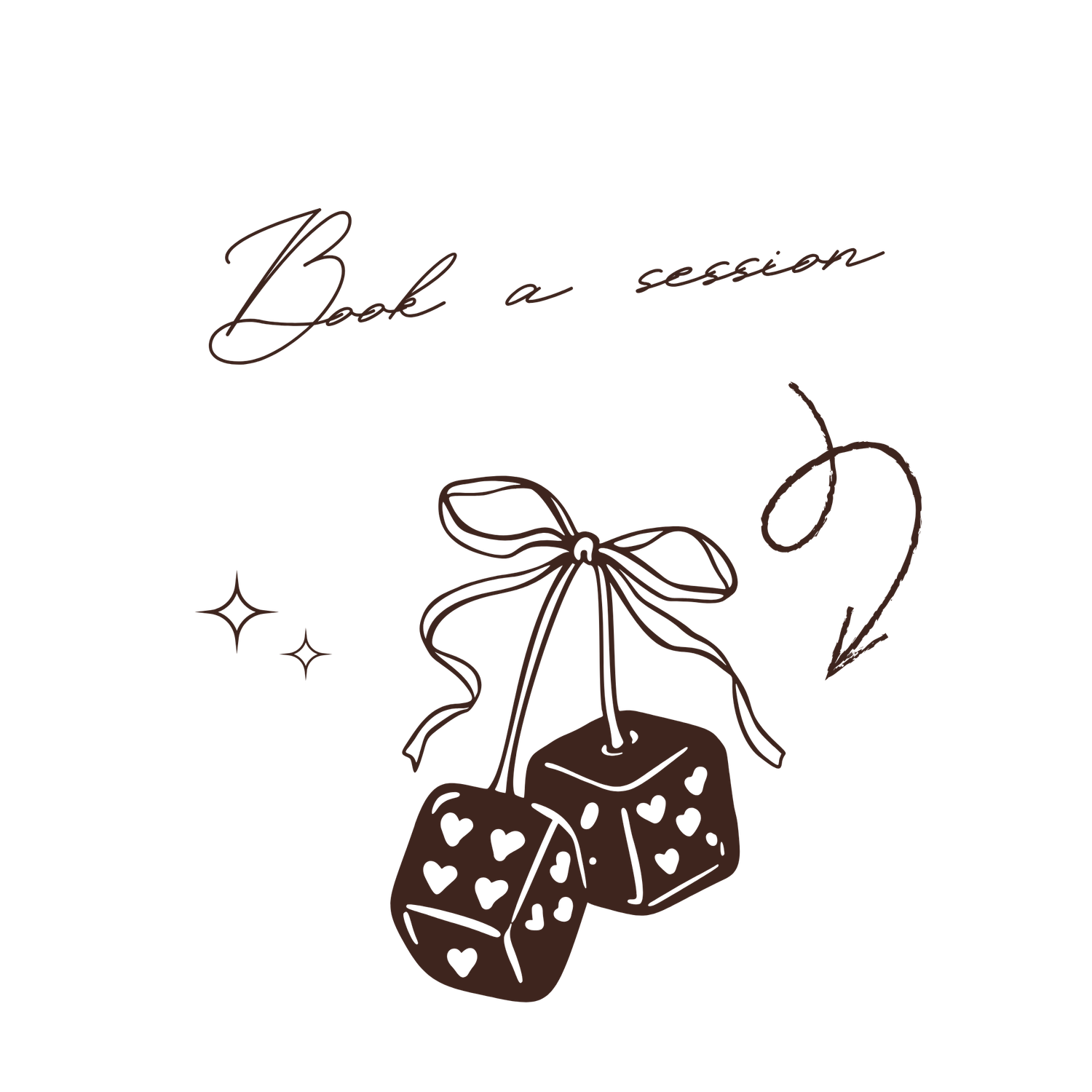 Decorative dice illustrations with bows and sparkles in hand-drawn style.