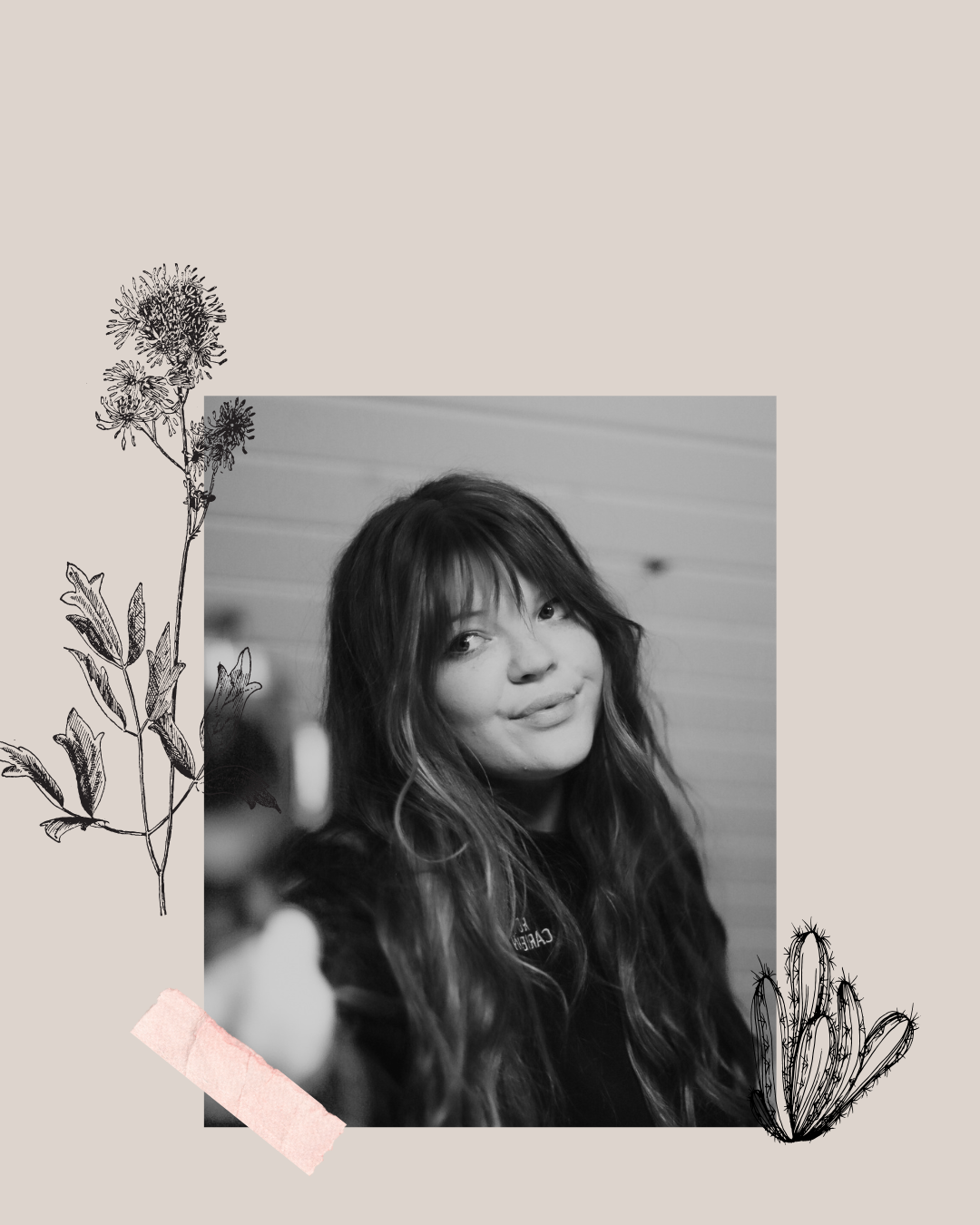 A series of black and white artistic photographs showing flowers and long dark hair against light backgrounds.