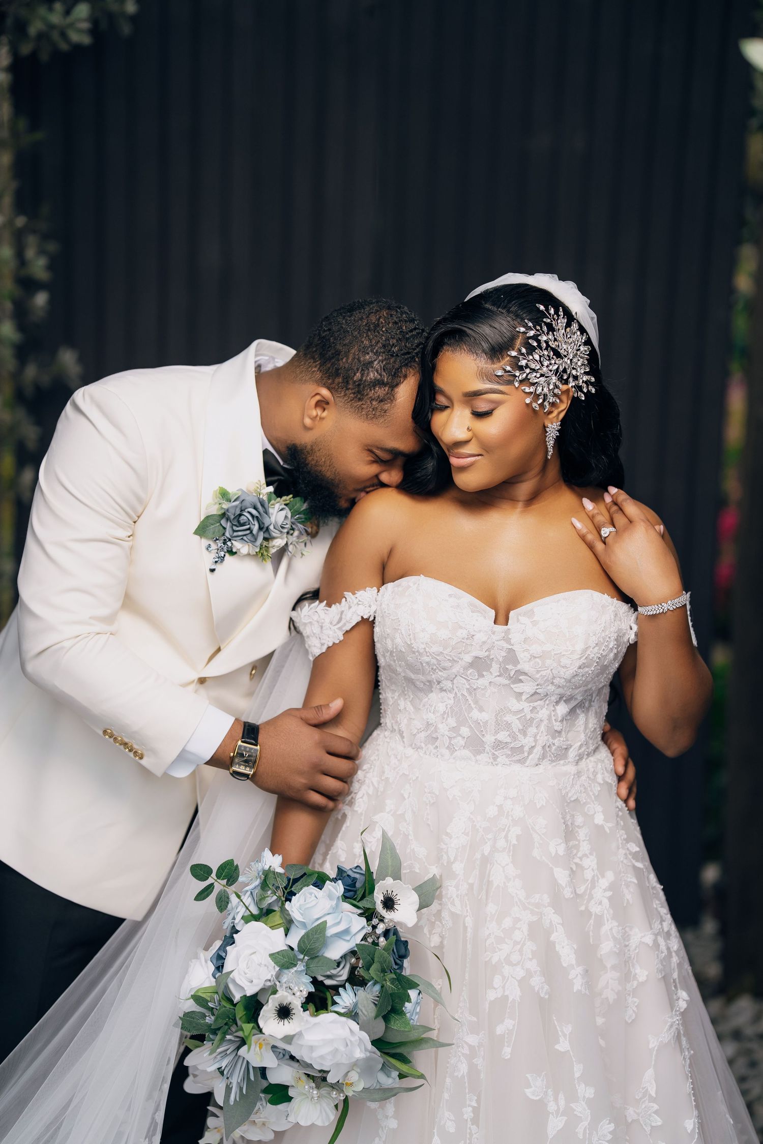 A romantic wedding photo collage showing tender moments between newlyweds with white and green floral bouquet details.