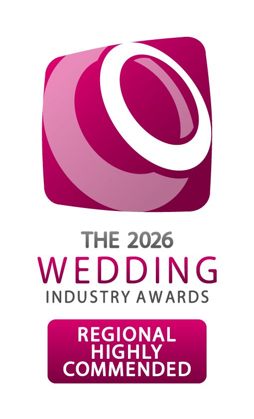 A pink and white logo design for 'The 2023 Regional Highly Wedding Commended Industry Awards' with circular elements.