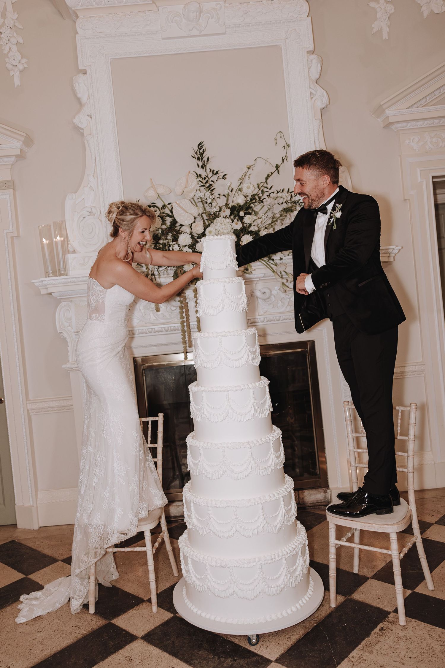 A sequence of wedding photos showing a couple playfully smashing cake into each other's faces during their reception.