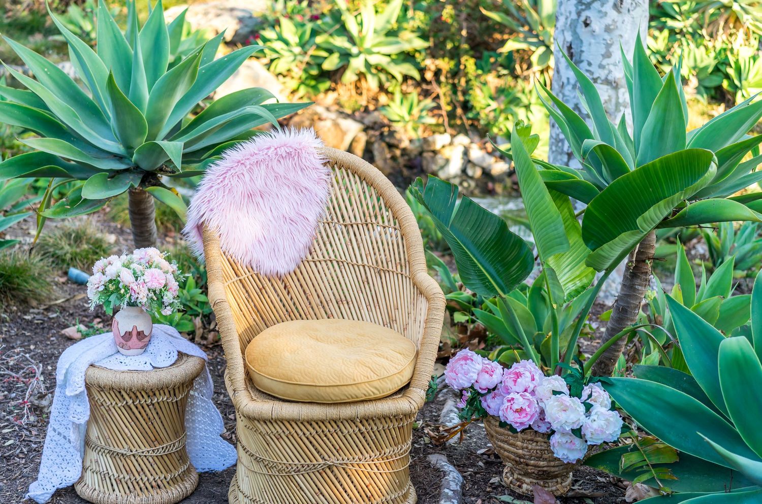 Wicker peacock chairs arranged in a garden setting with blooming flowers and succulents.