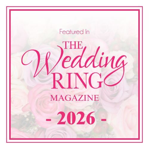 Featured In The Wedding Ring Magazine 2026 badge with pink roses background.