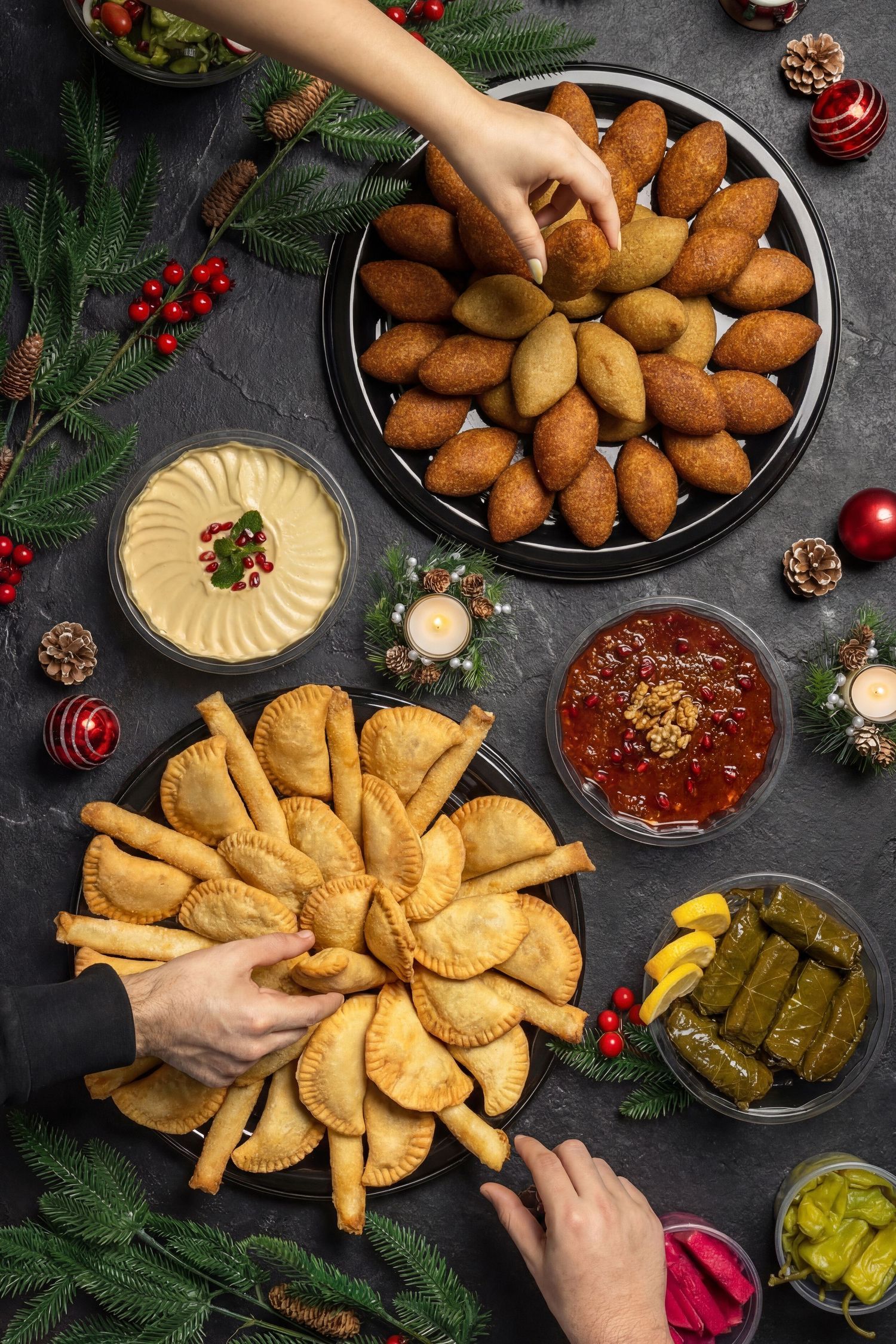 Holiday appetizer platter with croquettes, dipping sauces, and festive evergreen decorations on dark slate background.