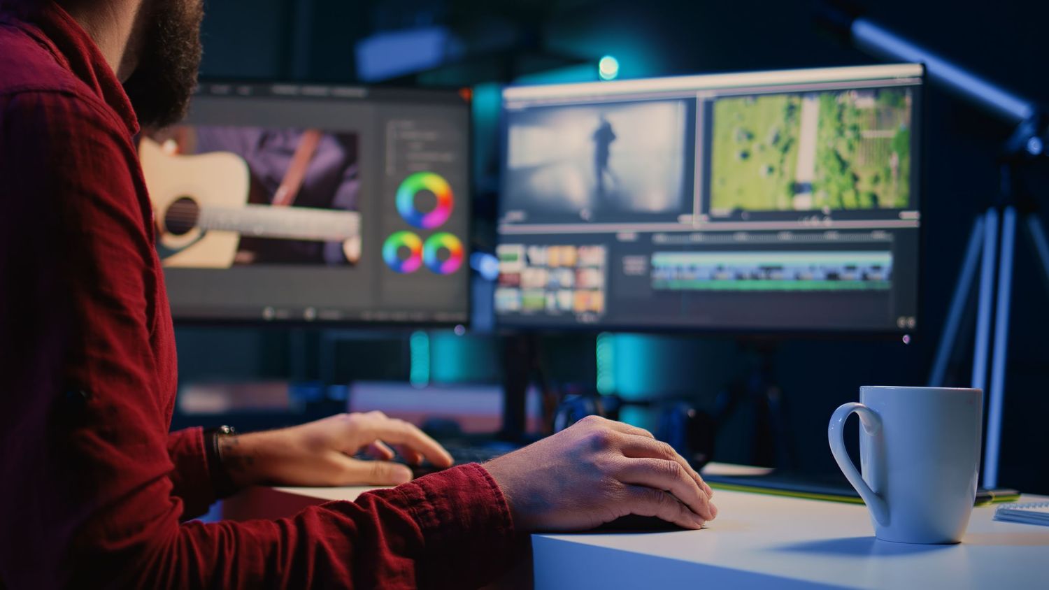 Video editing in action – commercial video production on dual-screen workstation