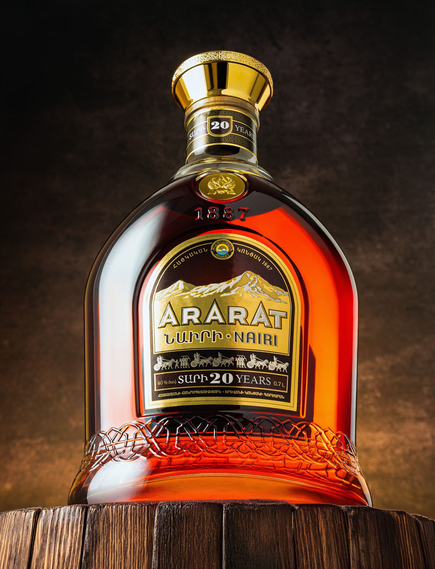 Branded photography with A moody shot of an ARARAT cognac bottle, ideal for high-end product photography.