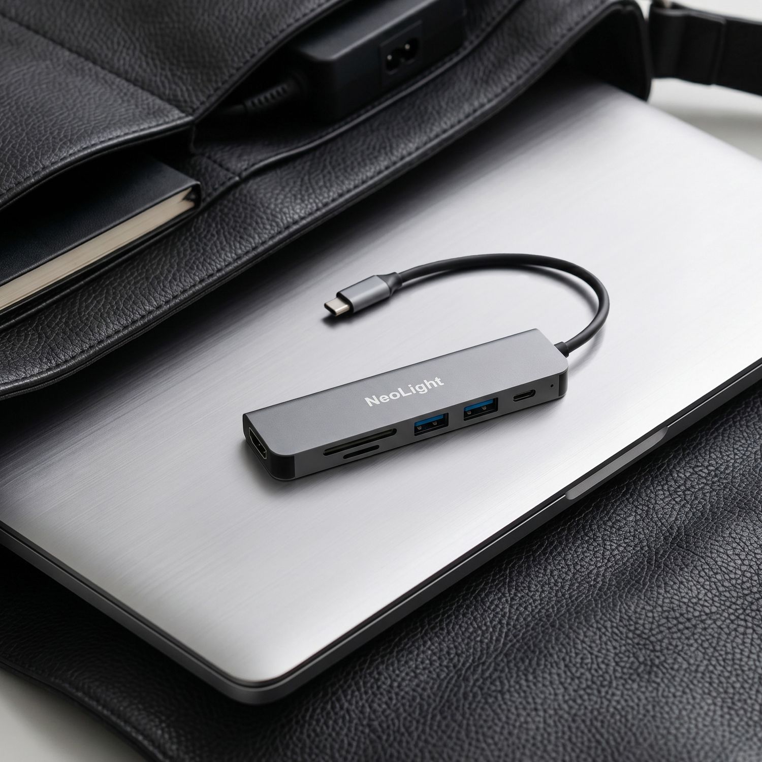 NexLand USB-C hub with multiple ports connected to a laptop, placed on a leather bag.