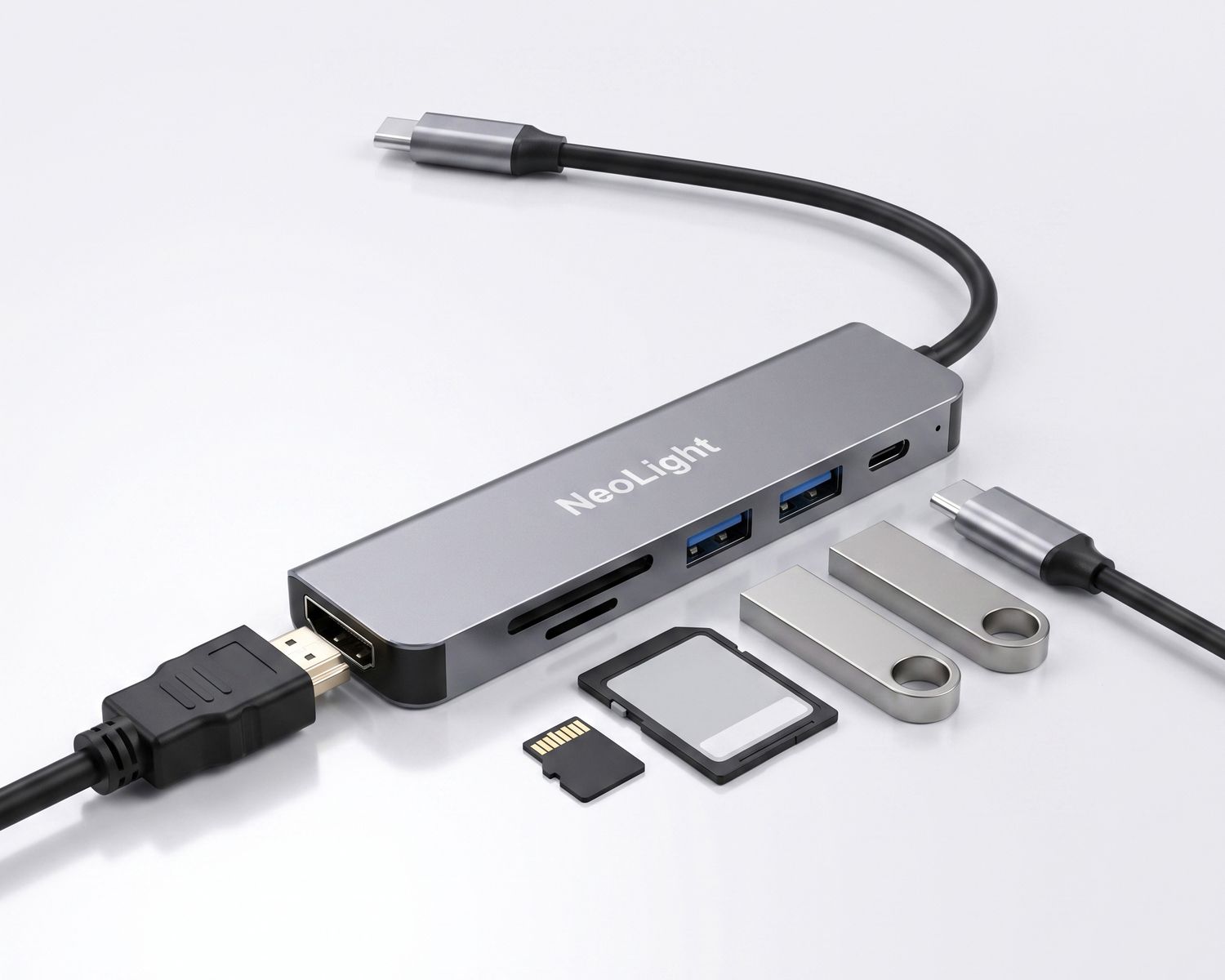 NeoLight 6-in-1 USB-C hub with HDMI, USB-A ports, SD card reader, and accessories on white background.
