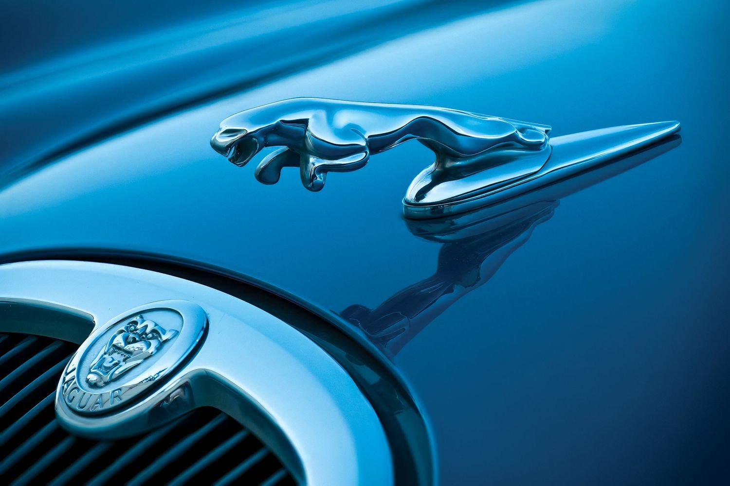 Blue metal automotive car parts close-up showing reflective chrome and steel surfaces in cool lighting.