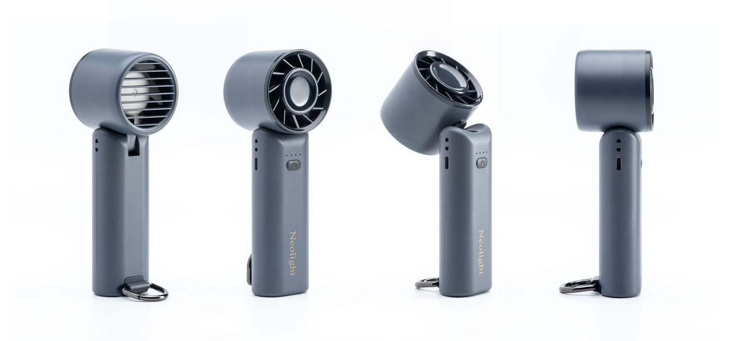 Four views of a compact gray portable handheld mini fan with foldable design and built-in rechargeable battery.