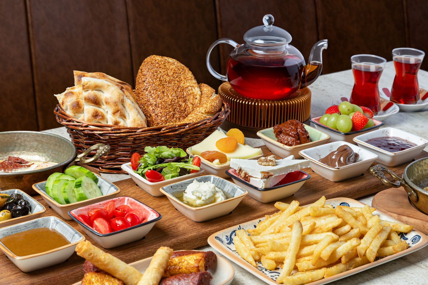 Restaurant photography of a Traditional Turkish breakfast.