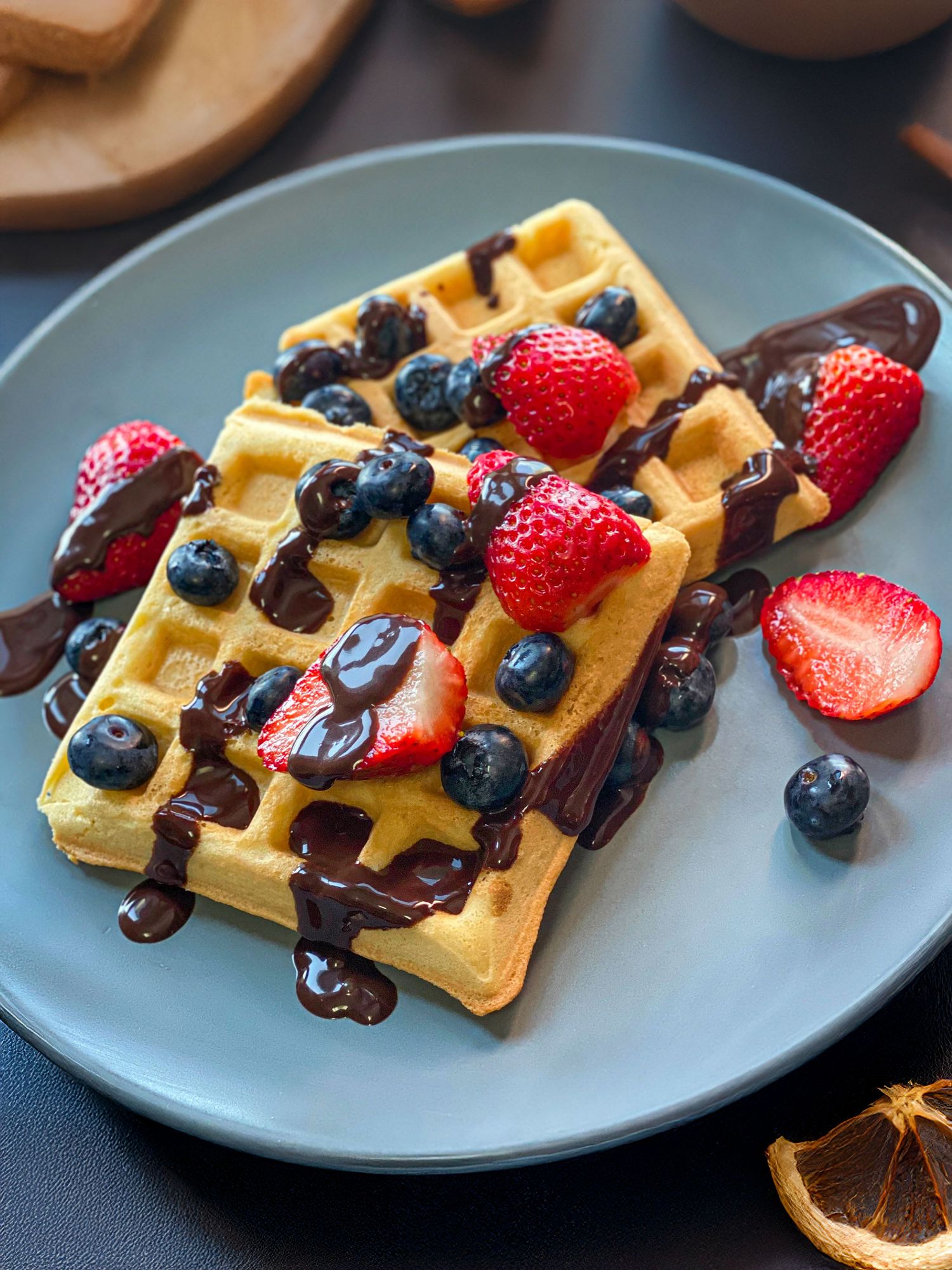 Food photography of Belgian waffles produced for use in creative visual content across photography and video content.