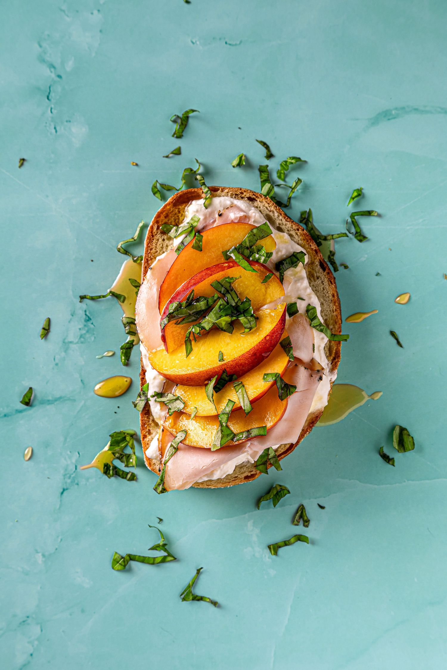 Creative flat bread photography featuring smoked salmon and peach, styled for commercial and video content.