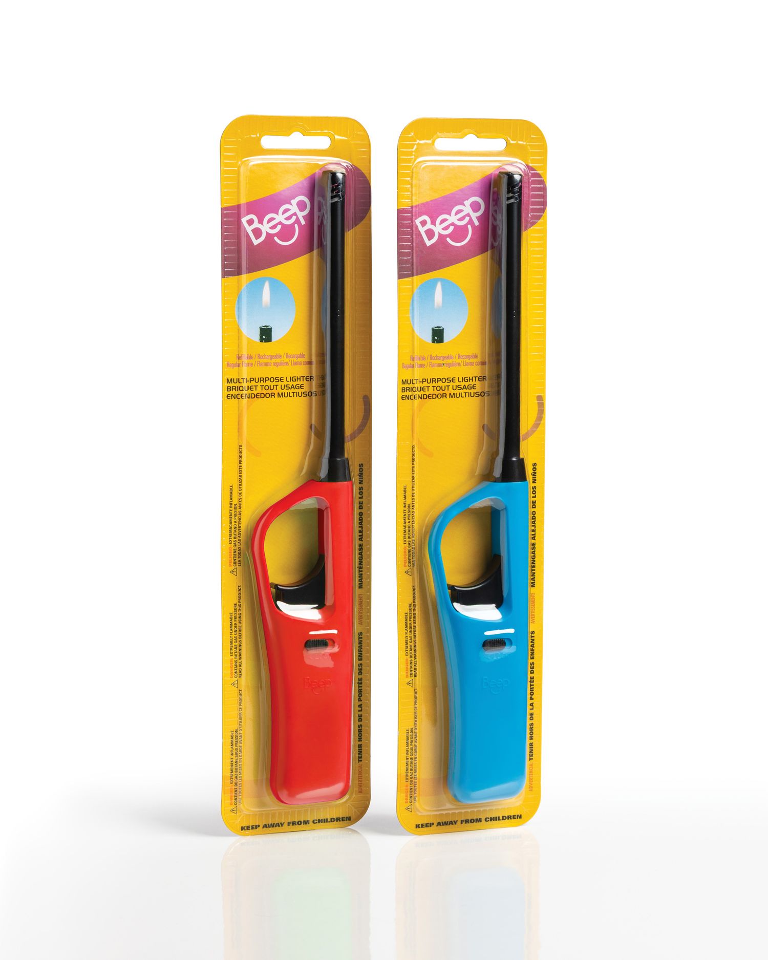 Two Beep brand long-reach utility lighters in red and blue packaging on yellow blister cards.