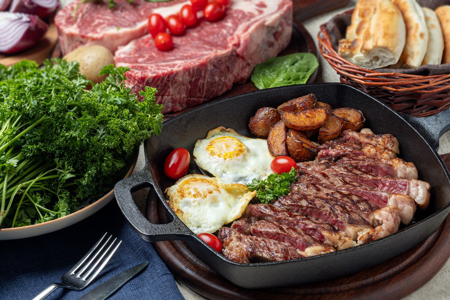 Restaurant menu photography of Canadian breakfast meal..