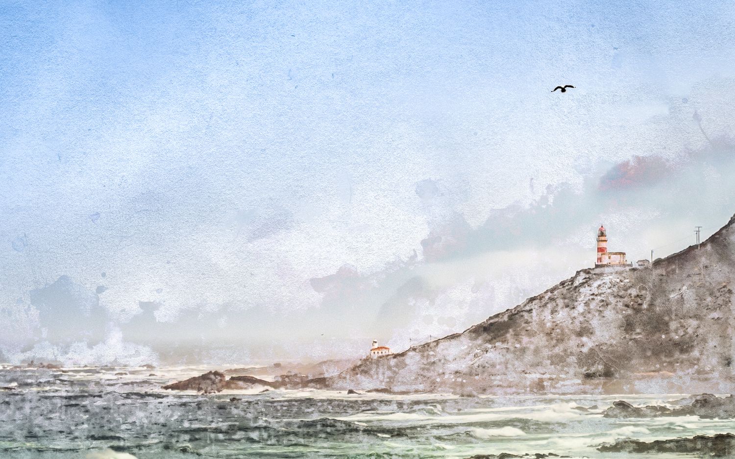 Watercolor painting of a coastal lighthouse on rocky cliffs with stormy seas and a bird soaring in a cloudy sky.