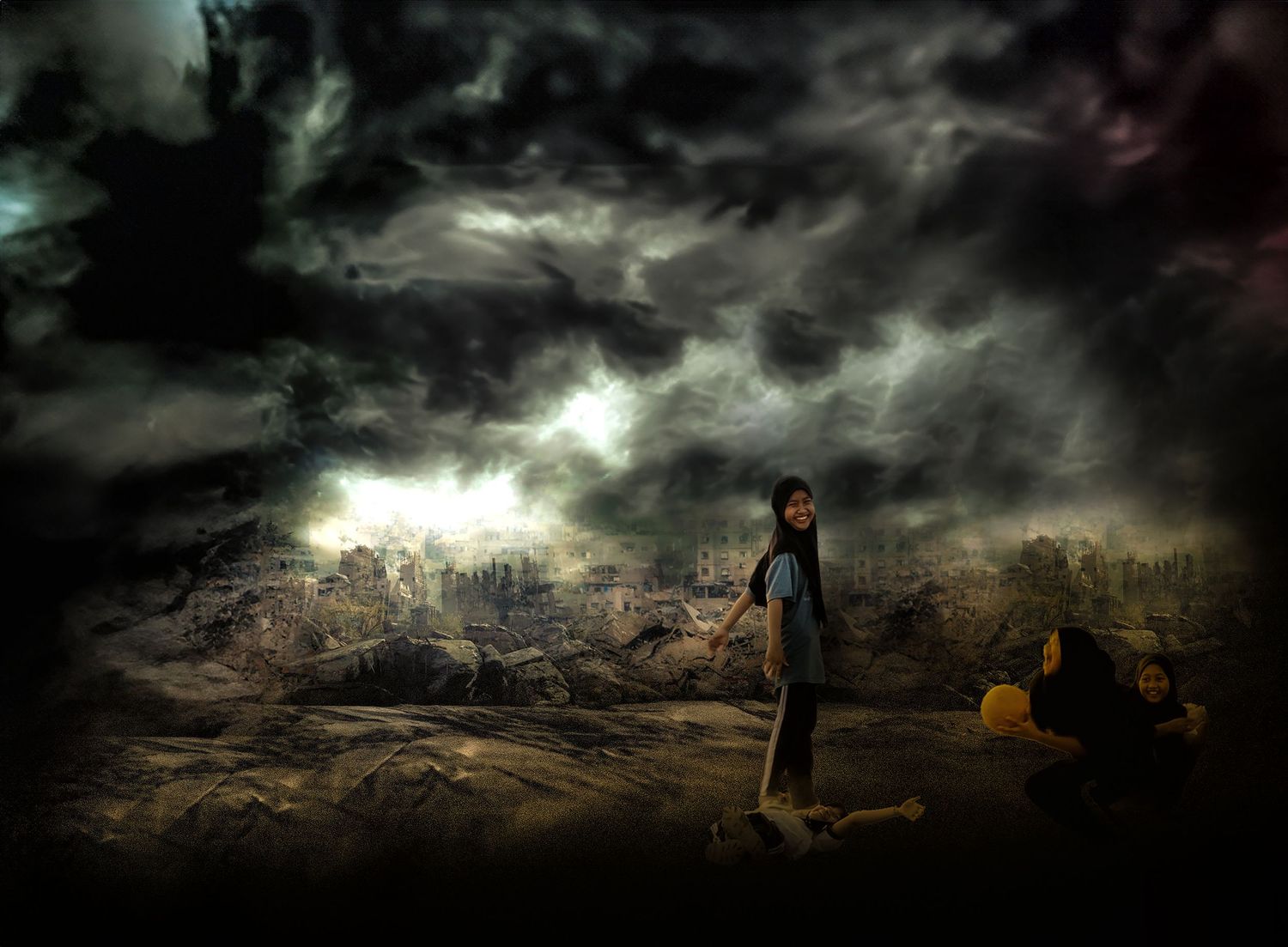 A lone figure stands amid a dark apocalyptic landscape under dramatic stormy skies with ruins in the background.