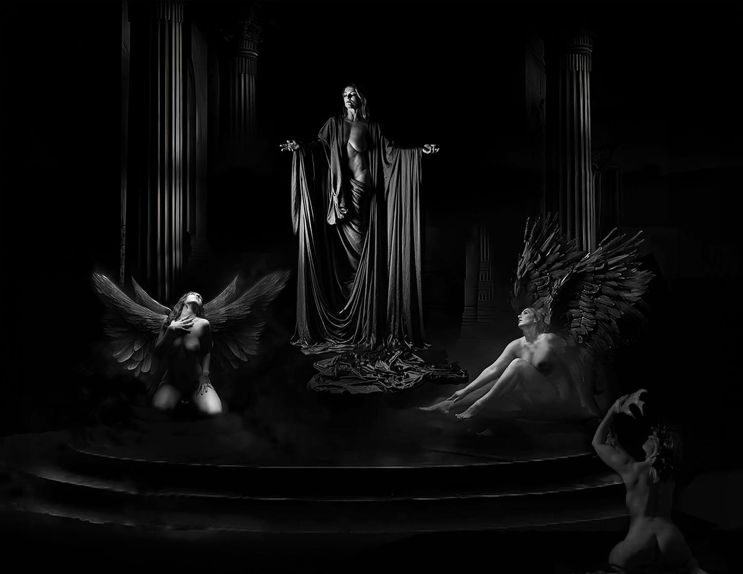 Dark gothic scene with robed figure on steps flanked by winged angels in dramatic black and white fantasy art.