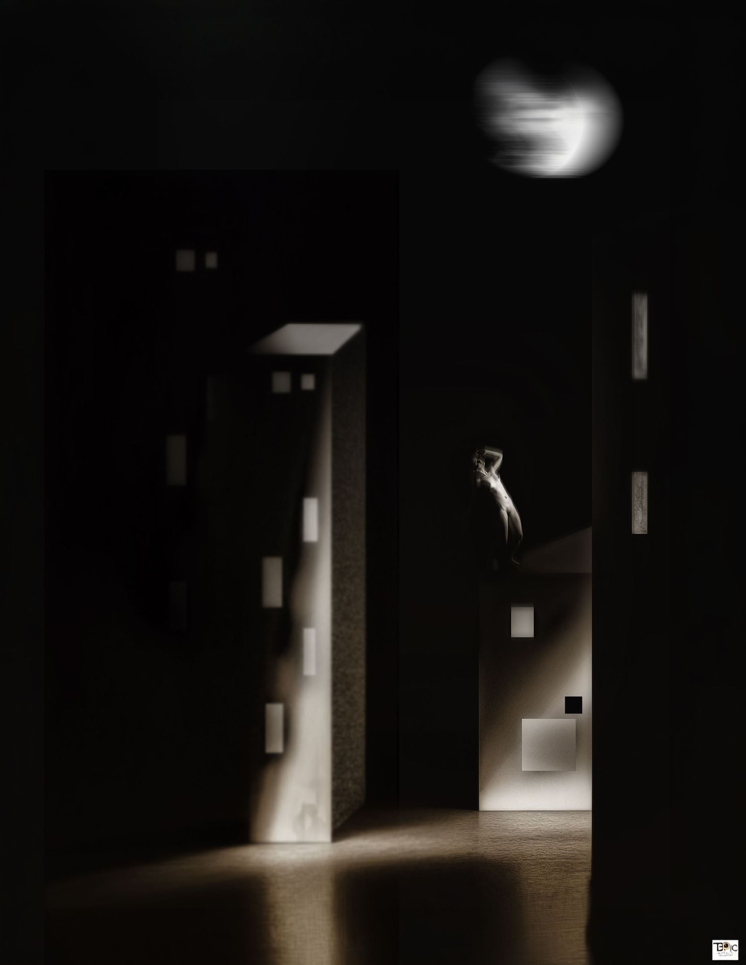 A dimly lit architectural interior with a lone figure illuminated by dramatic spotlights amid dark geometric walls.