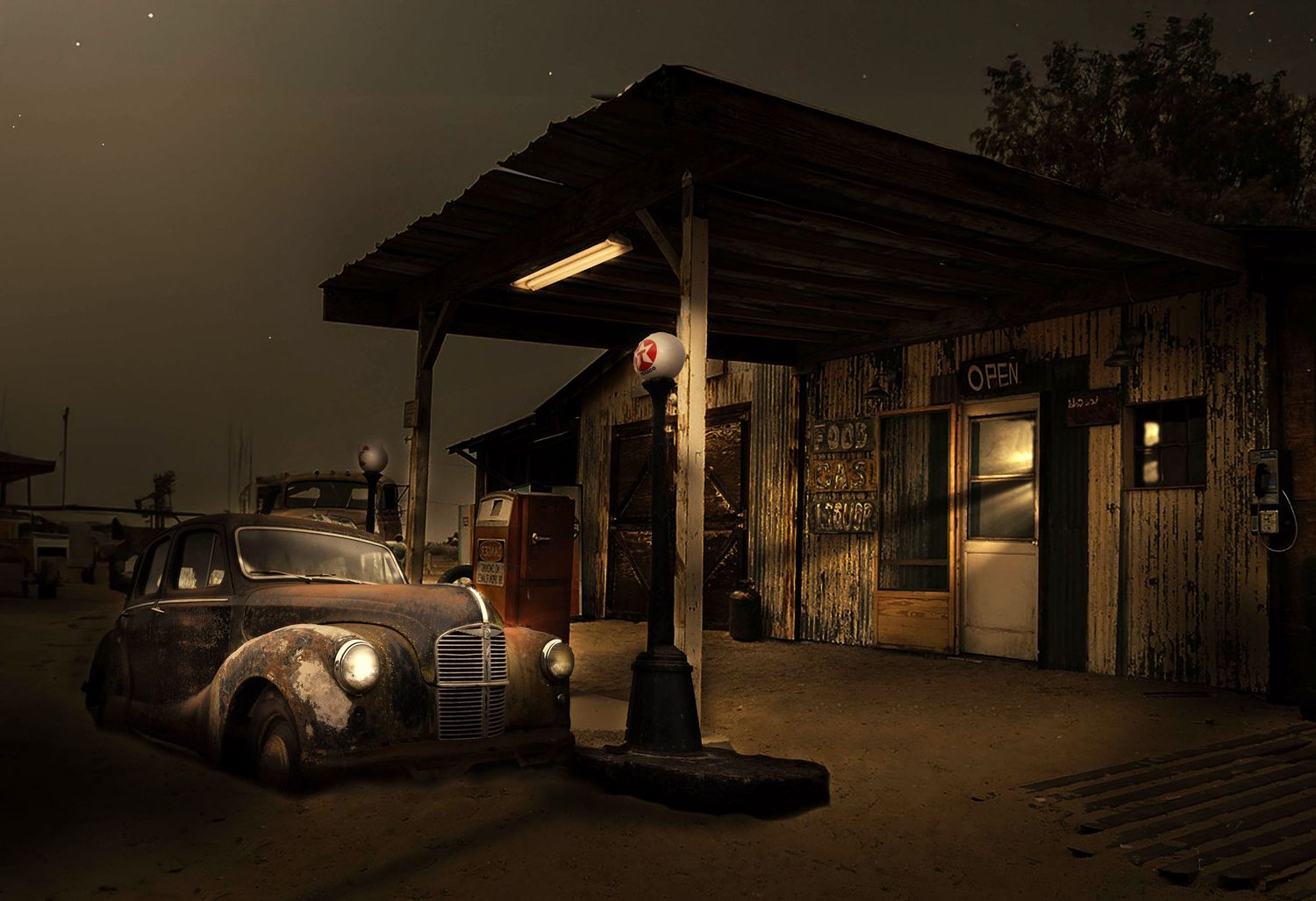 Vintage rusty car parked at an old weathered gas station at night, illuminated by dim lights in a nostalgic scene.