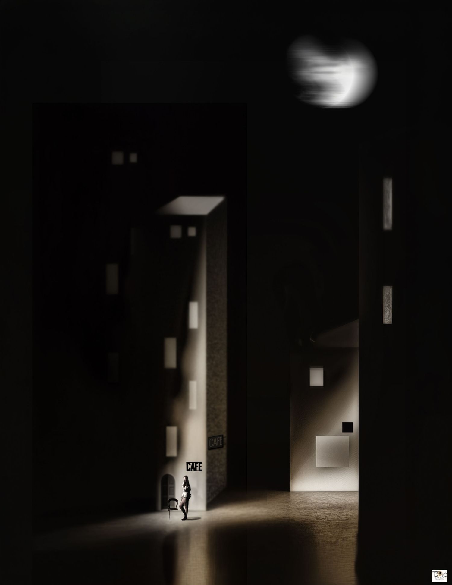 Dark moody architectural scene with a lone figure near a cafe entrance, illuminated by soft light against shadowy buildings.