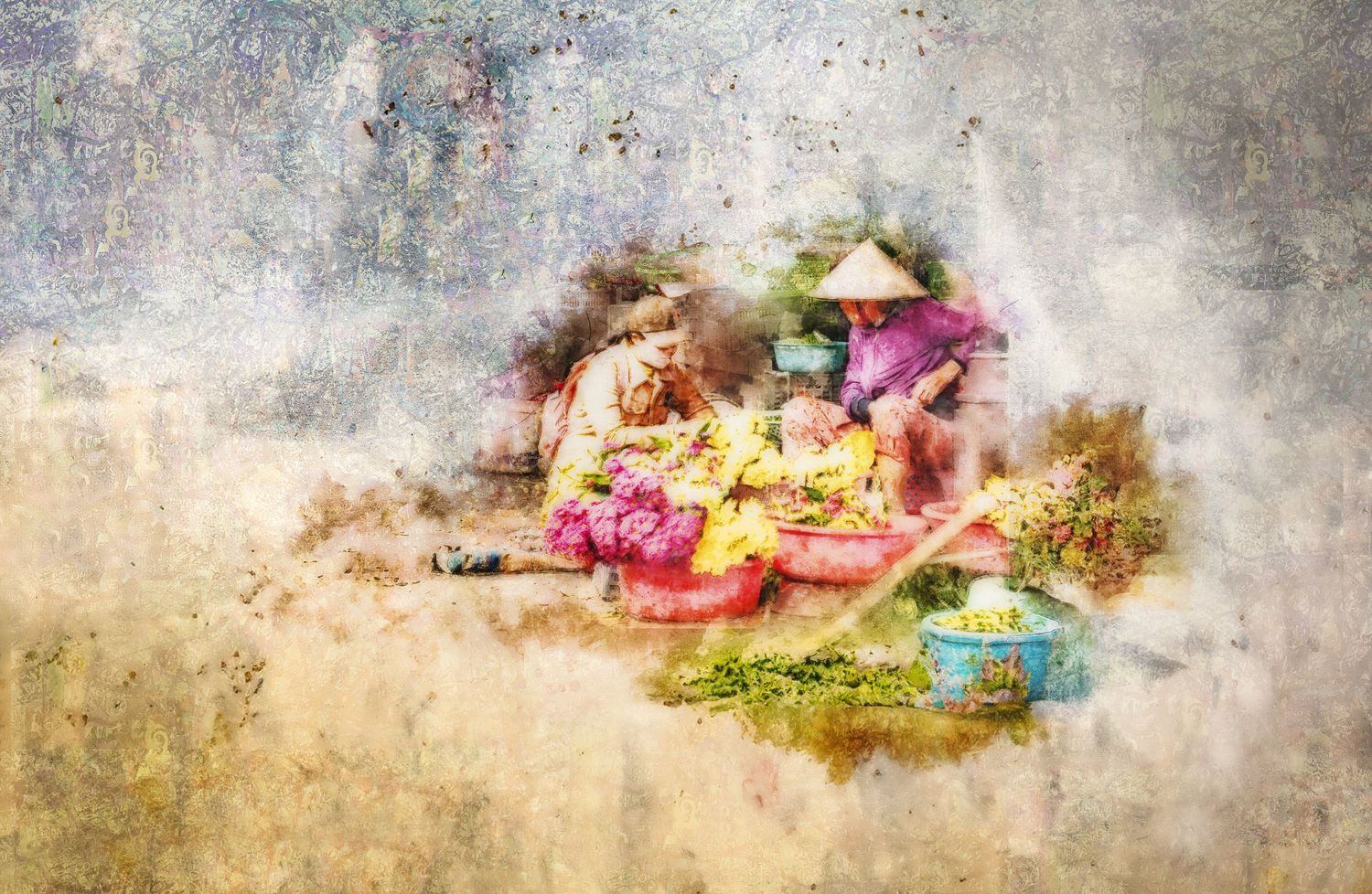 Watercolor painting of Vietnamese women in conical hats selling colorful flowers at a traditional outdoor market.