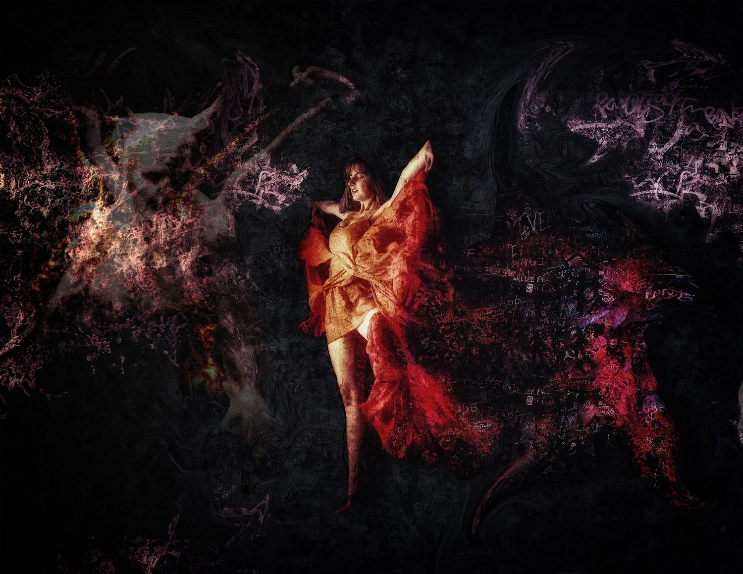 A dancer in flowing red and orange fabric poses dramatically against a dark, abstract background with crimson splashes.
