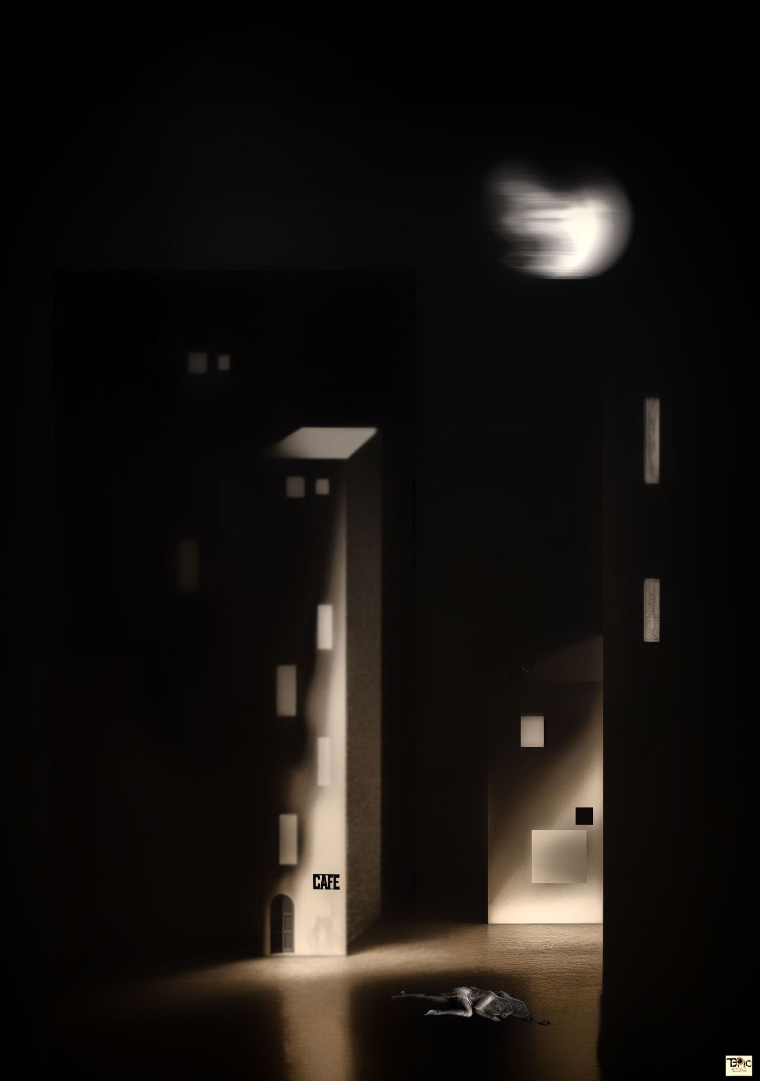 Dark urban cityscape at night with glowing moon, illuminated building windows, and a lone figure on the ground near a cafe sign.