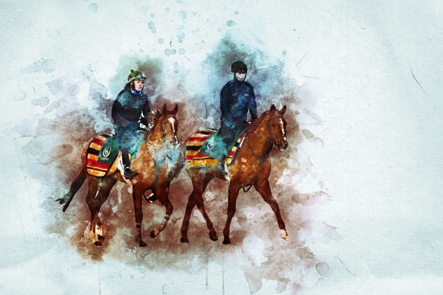 Watercolor painting of two jockeys riding brown horses, wearing colorful racing silks in a soft abstract style.