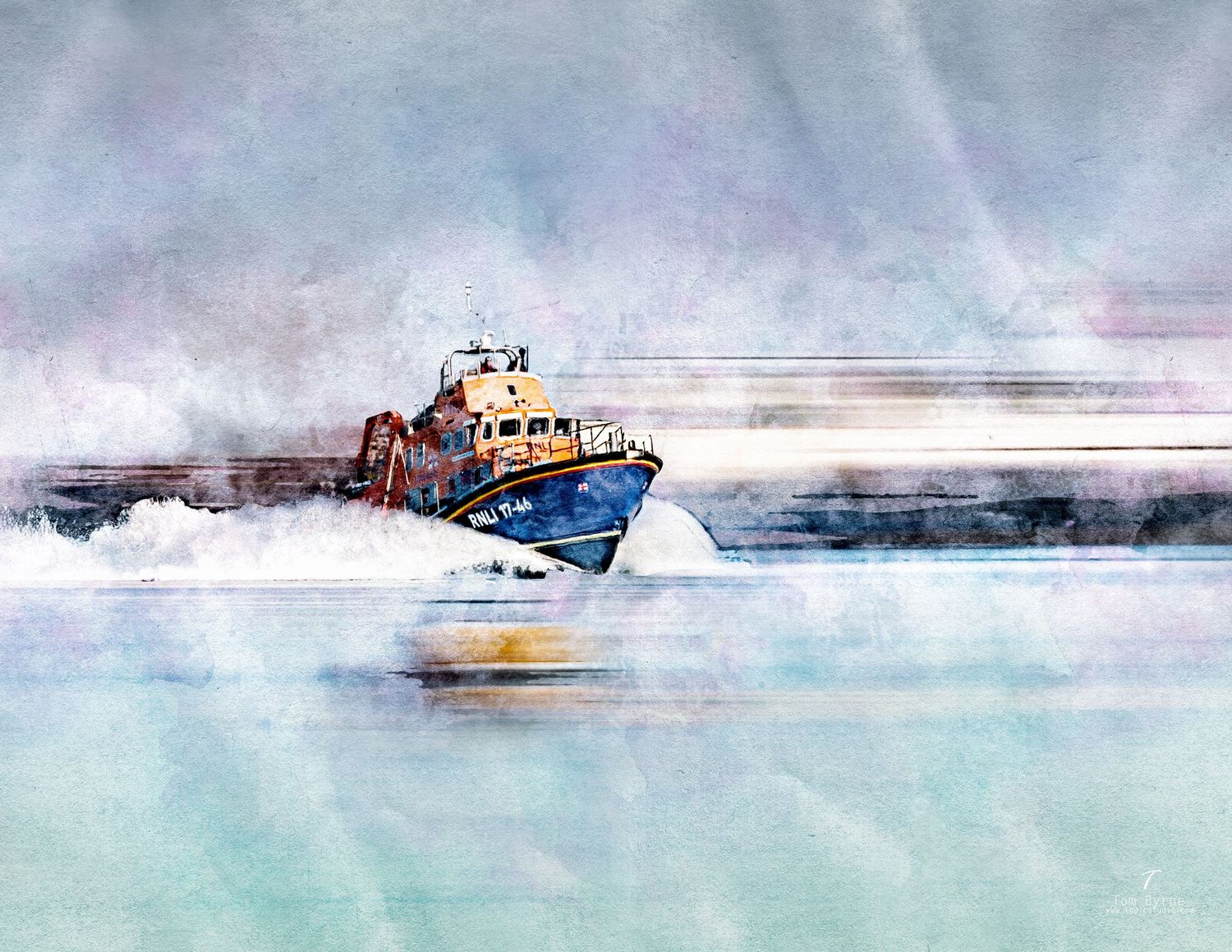 Watercolor painting of a blue lifeboat speeding through misty ocean waters, creating white foam waves.