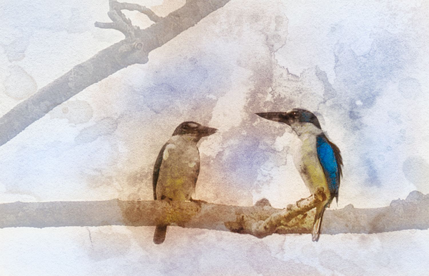 Watercolor painting of two kingfisher birds perched on a branch, featuring vibrant blue and brown plumage.