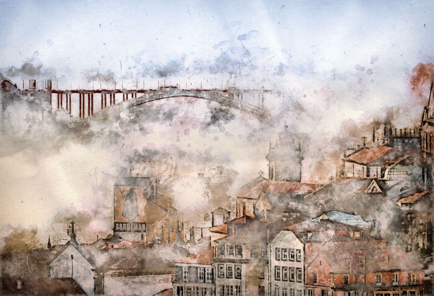 Watercolor painting of a misty townscape with rooftops and a large bridge emerging through fog in soft earthy tones.