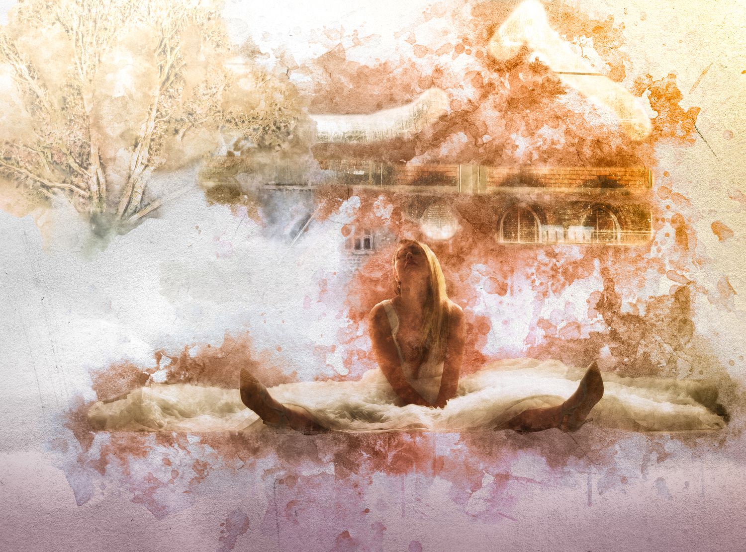 Watercolor painting of a woman meditating in a misty Asian temple garden setting.