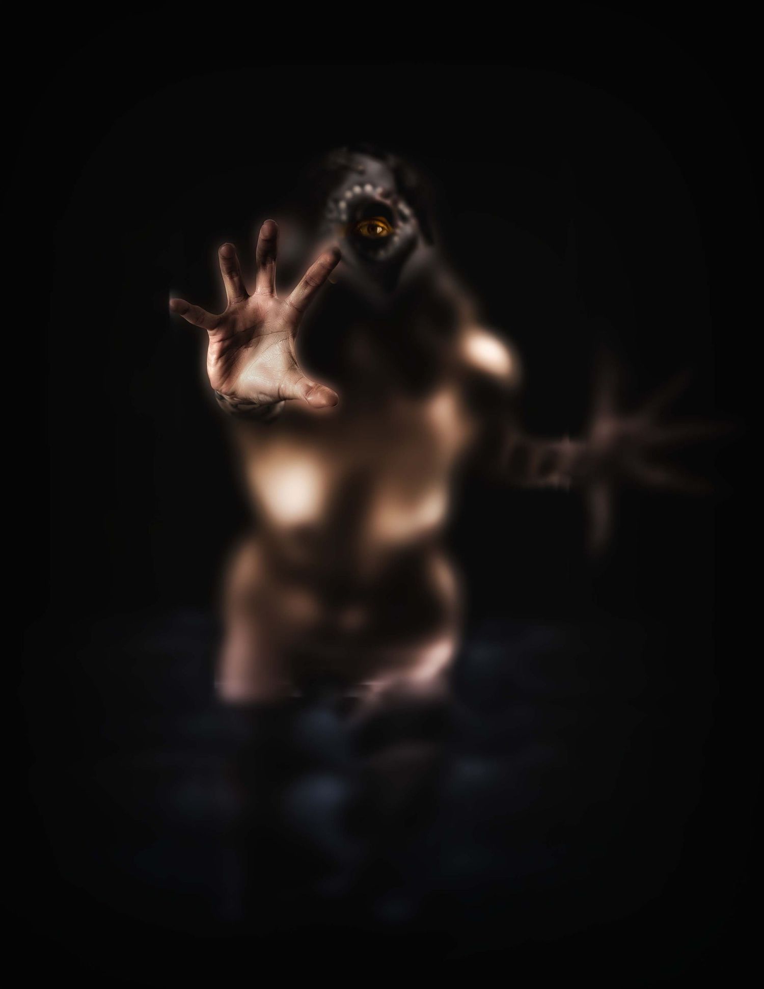 A dark, eerie creature with glowing yellow eyes reaches toward the viewer with a clawed hand in a horror-themed digital artwork.